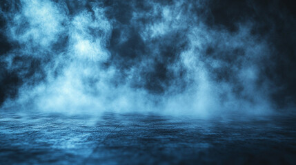 Blue fog rolling over dark floor, smoky background