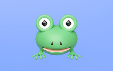 Close up of a charming 3D cartoon frog with large expressive eyes and a wide smile, rendered in bright green against a pastel blue backdrop. Ideal for kids, playful designs, and simple mascots.