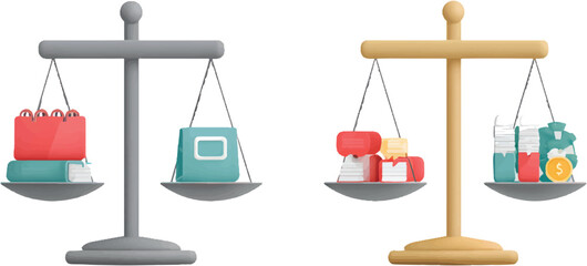 Infographic comparing pros and cons with balance scale icons on transparent background