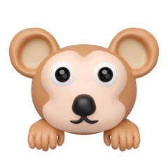 Cute 3D cartoon monkey head peeking with hands from bottom, rendered in a playful, minimal style against. Ideal for children designs, apps, or joyful themes.