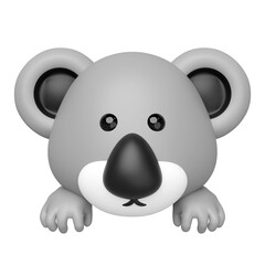 3D render of a cute cartoon koala bear peeking. Adorable grey koala head with big ears, black nose, and paws, perfect for kids themes or animal designs.