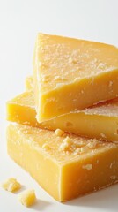 Delicious wedges of yellow cheese stacked on a white background ready for culinary use