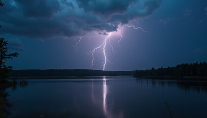 Intense atmospheric electrical discharge dramatically illuminates a calm lake surface beneath