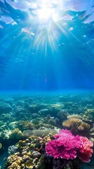 Naklejka premium Vibrant coral reef illuminated by sunbeams in a crystal-clear underwater scene, showcasing ocean beauty