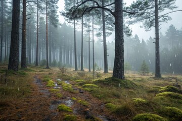 Obraz premium Misty pine forest during a rainstorm with a path through the trees green moss and brown forest floor nature landscape