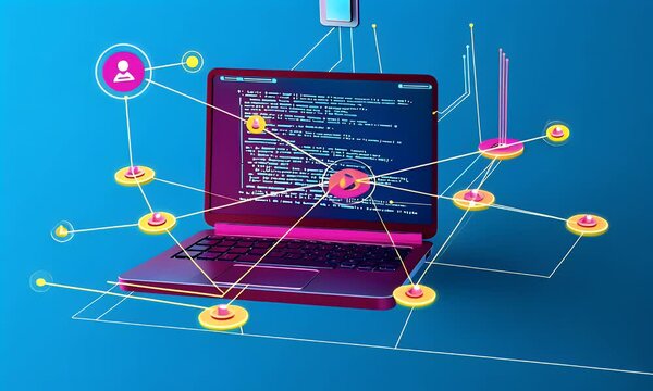 3D isometric illustration of a laptop with code on the screen and digital network connections,