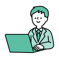 ノートパソコンを操作して仕事をしているスーツのビジネスパーソン男性のイラスト素材