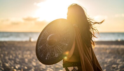 Woman with shield on beach at sunset