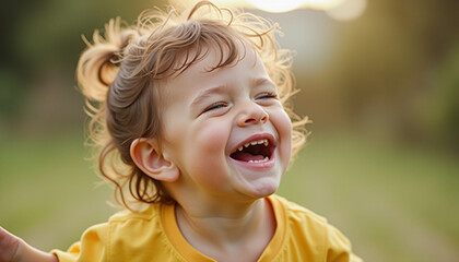 A joyful toddler bursting with laughter in a sunny outdoor setting evoking pure delight