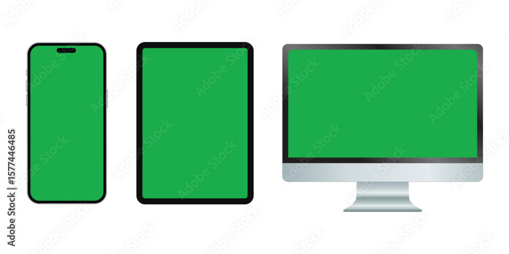 Poster green screen devices mockup: smartphone, tablet and desktop computer with green screen for easy chro