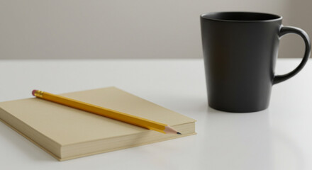 Still life composition featuring a beige book and yellow pencil beside a black mug on a clean