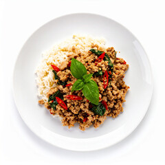 a plate of stir fried dish is presented on a white plate, set against a white background. the stir fry, featuring ground meat, is punctuated with green leaves and sliced red chili peppers