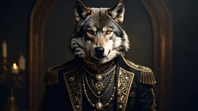 Majestic wolf dressed as a king in a royal suit with crown and regal accessories portraying power