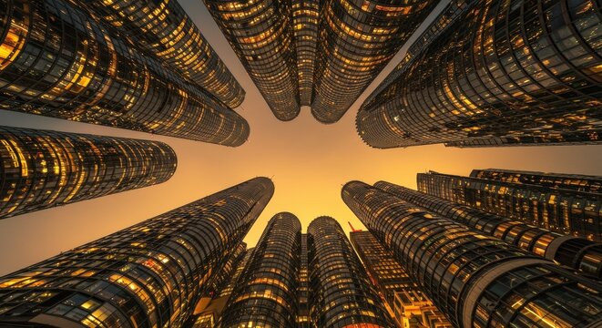 Modern corporate business building with glass facade reflecting the sky. Sleek architecture symbolizing professionalism, innovation, and commercial growth.