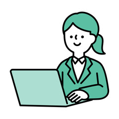 ノートパソコンを操作して仕事をしているスーツのビジネスパーソン女性のイラスト素材