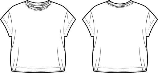 Flat vector sketch of oversized drop shoulder t-shirt, front and back view, fashion technical drawing, minimalist clothing design template