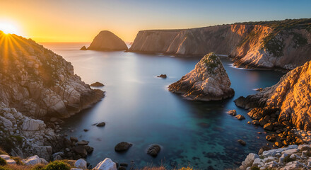 Dramatic cliffs frame a serene bay at sunset, with golden light illuminating the water