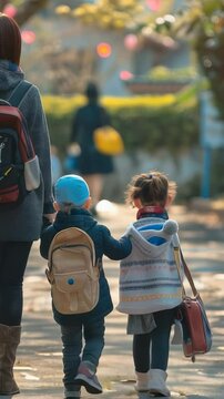 Back woman walking with three young children, all carrying backpacks on outdoor tree lined path. The children hold hands with woman, each other, going to school or outing.
