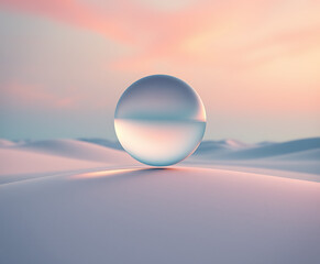 Crystal sphere rests gently on a smooth, undulating surface, reflecting the pastel hues of a serene sunrise or sunset, evoking a sense of peacefulness and ethereal beauty.