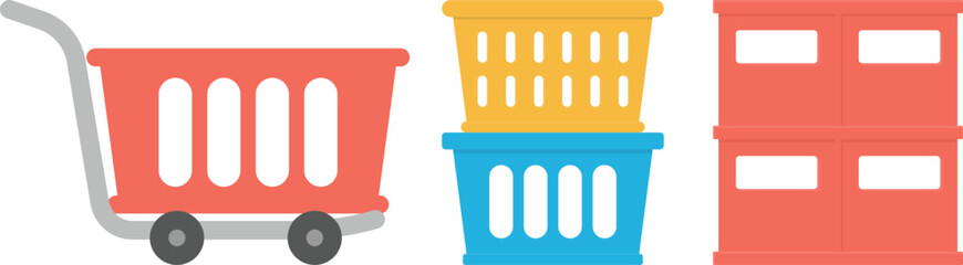 Colorful vector illustration of shopping cart, plastic baskets, and crates for market and retail design