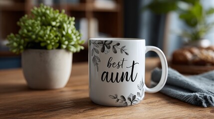 Best aunt mug with leaf design on wooden table by plant