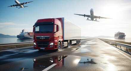 Dynamic 24/7 logistics hub: A red truck travels on a wet road at twilight. In the same view, a large container ship sails and a white airplane flies through the rainy sky, which is streaked with neon 