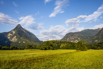 peaceful mountain valley with lush green meadow and towering peaks under a blue sky. mountain valley in summer. alpine countryside