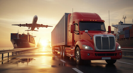 Dynamic 24/7 logistics hub: A red truck travels on a wet road at twilight. In the same view, a large container ship sails and a white airplane flies through the rainy sky, which is streaked with neon 