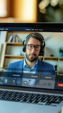 A person types on a laptop, focusing on a video conference with a man wearing headphones. The setting appears to be a home office, underscoring remote work's prevalence and technology.","remote work