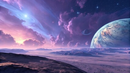 Alien planet rising over a purple landscape with mountains and a starry sky featuring a planet with rings and clouds