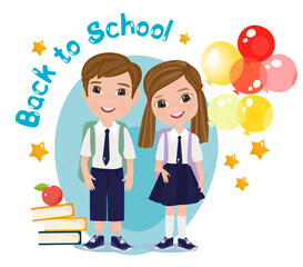 Happy girl and boy in school uniforms with backpacks, balloons, stack of books, apple, stars, and a 'Back to School' sign. Vector illustration