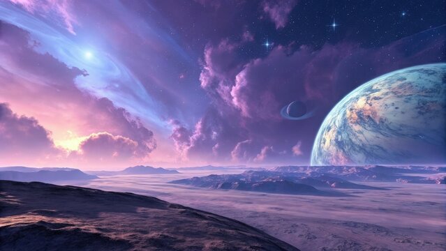 Alien planet rising over a purple landscape with mountains and a starry sky featuring a planet with rings and clouds - Powered by Adobe