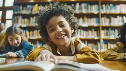 Happy children reading books in the library
