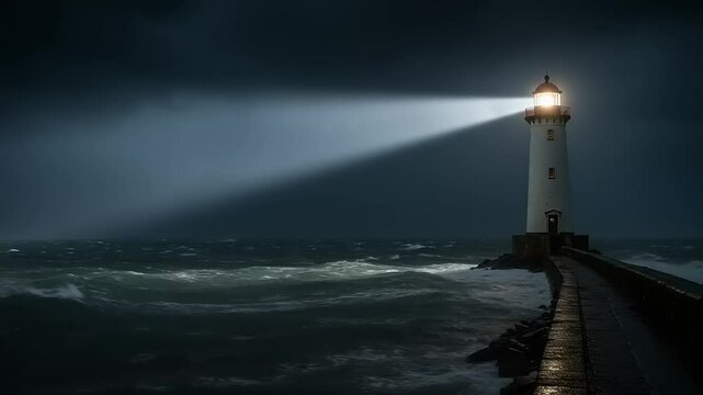 Lighthouse guiding ships through stormy seas at night