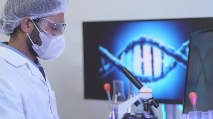 A team of male and female scientists in full PPE collaborates in a high-tech laboratory, analyzing the results of a chemical experiment in a flask. Concept of medical research, pharmaceutical. - Powered by Adobe