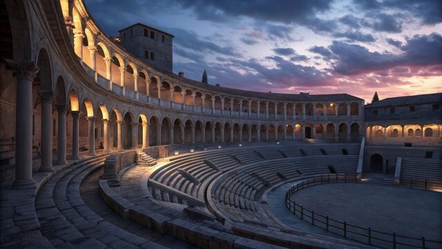 Dusk view of Roman amphitheater interior with stone architecture arched colonnade and tiered seating under dramatic sky