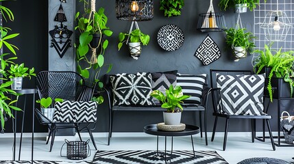 Stylish monochrome interior with geometric patterns and lush plants creating a cozy atmosphere