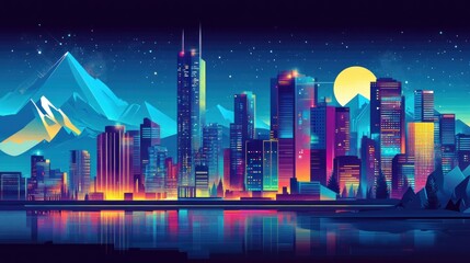 Futuristic cityscape at night, vibrant colors, stylized buildings, reflecting in water, mountains in background