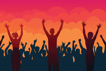 Celebrating Crowd Silhouette Vibrant Sunset Festival