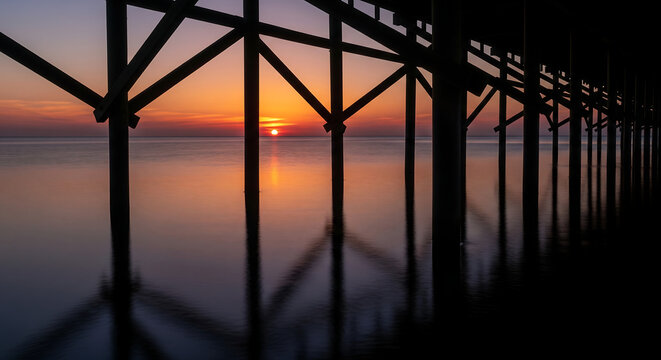 A dramatic sunset viewed through the silhouette of a wooden pier over the calm sea