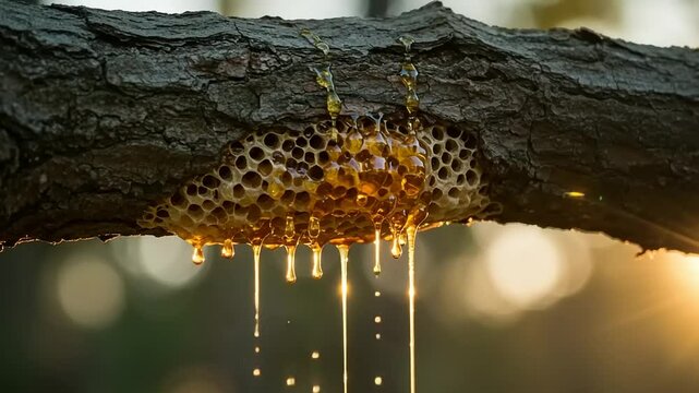Honey dripping from a tree branch in a forest