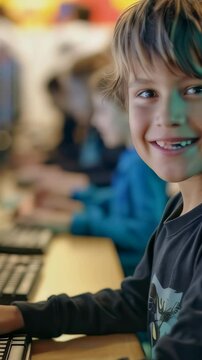 A young boy is happily engaged with a computer, his fingers poised on the keyboard. He's seated in a room full of computers, likely a computer lab. He smiles with joy.