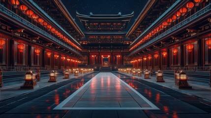 Grand Chinese courtyard at night, lit by lanterns