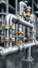 Industrial piping system with metallic pipes and brass valves under bright lighting