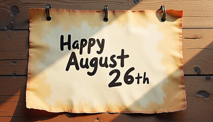 Torn paper sheet with "Happy August 26th" hanging on wooden boards, rustic charm
