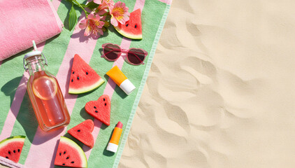 Summer Beach Day Essentials Refreshing Drink, Sunglasses, and Watermelon, Summer watermelon on beach sand