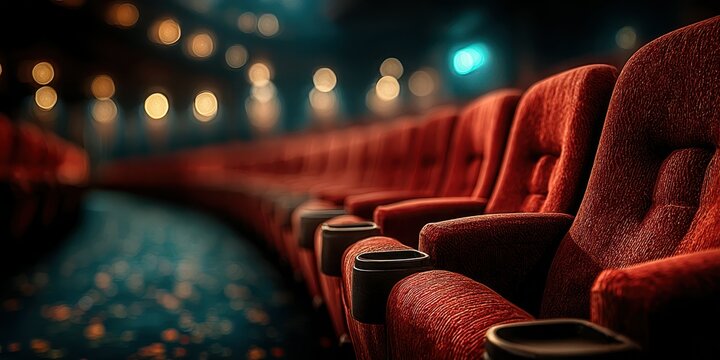 Empty velvet seats in a dimly lit theater waiting for the next performance at night