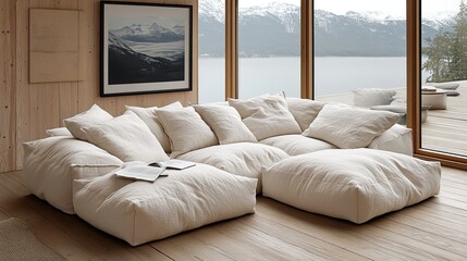 Fototapeta premium Cream sectional sofa with ample, layered cushions, set in a modern, light-filled living room with mountain and lake views