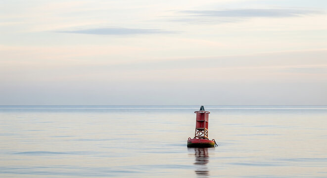 A red navigation buoy floats on the calm sea under a cloudy sky