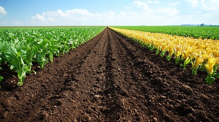 Cultivated field with rows of vibrant green and yellow plants.  Dark brown soil furrows divide the crops